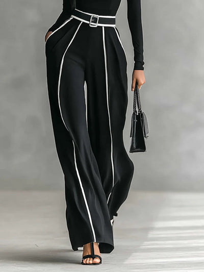 Conjunto de Top de Manga Larga con Cuello Alto y Ribete Blanco + Pantalones de Pierna Ancha con Cinturón