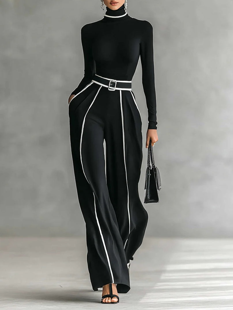Conjunto de Top de Manga Larga con Cuello Alto y Ribete Blanco + Pantalones de Pierna Ancha con Cinturón