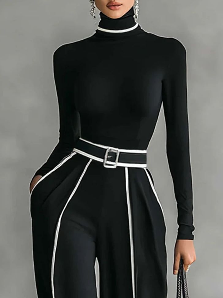Conjunto de Top de Manga Larga con Cuello Alto y Ribete Blanco + Pantalones de Pierna Ancha con Cinturón