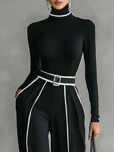 Conjunto de Top de Manga Larga con Cuello Alto y Ribete Blanco + Pantalones de Pierna Ancha con Cinturón